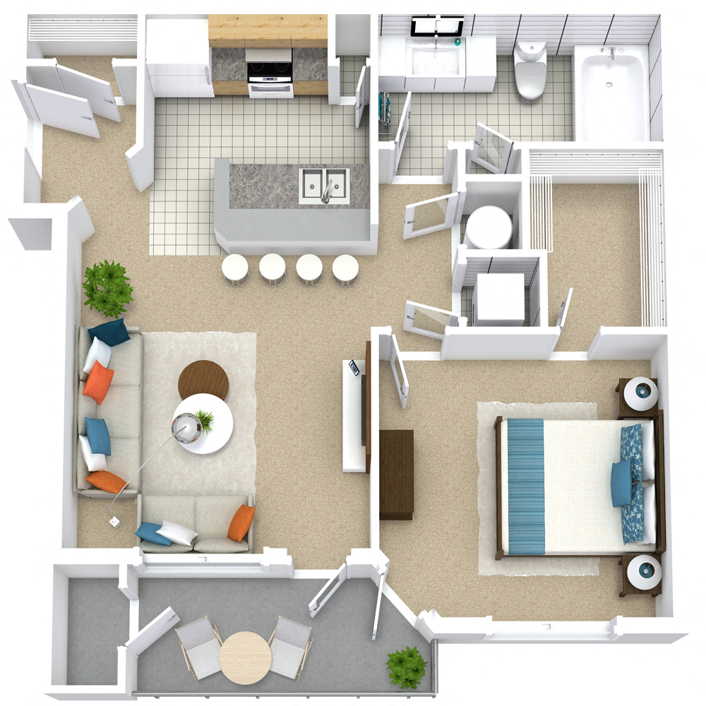 Floor plan for 1 bed, 1 bath, 750 sqft